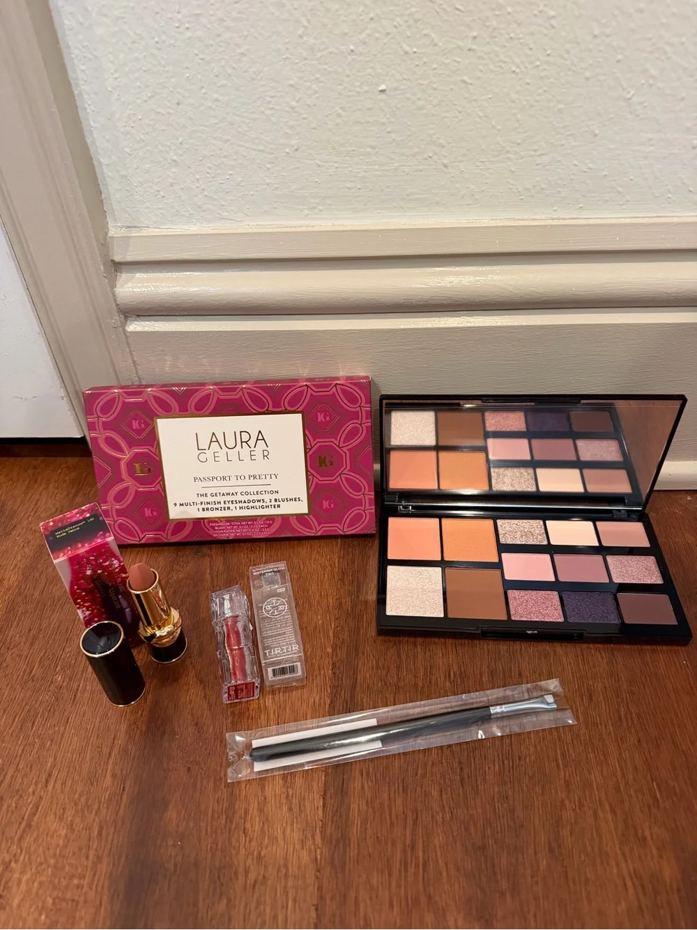 Laura Geller Palette, Pat McGrath lipstick, tir tir lip, eye brush
